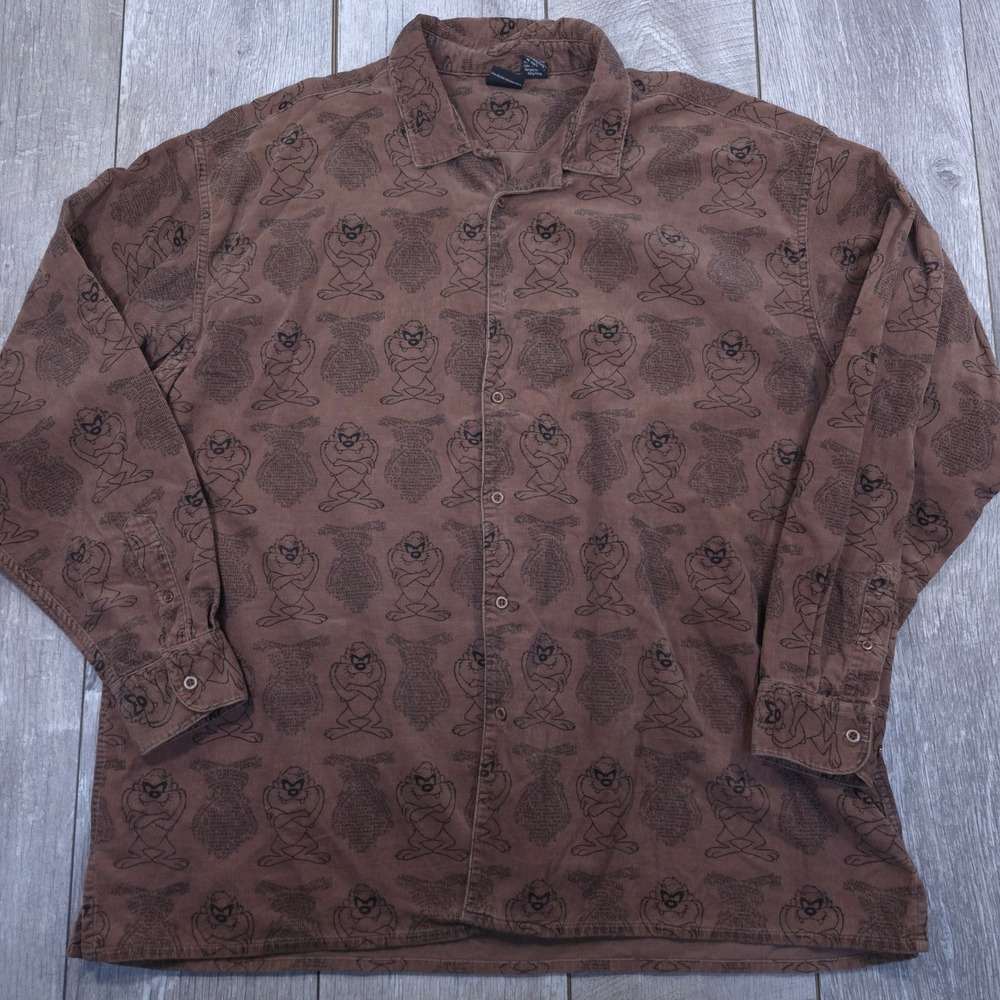 Warner Bros Studio Store Button Up Mens XXL Brown Taz Corduroy Vintage 1996
